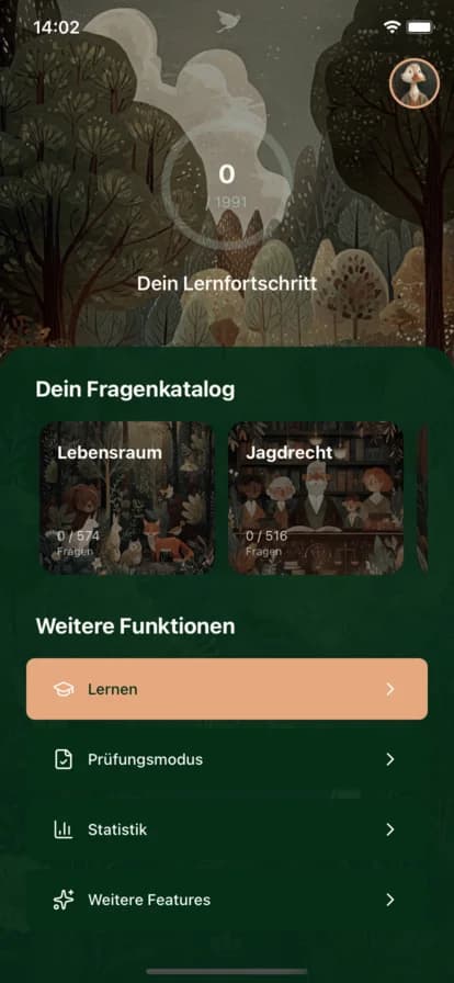 Jagdkompass App Startbildschirm mit Lernfortschritt und Fachgebieten